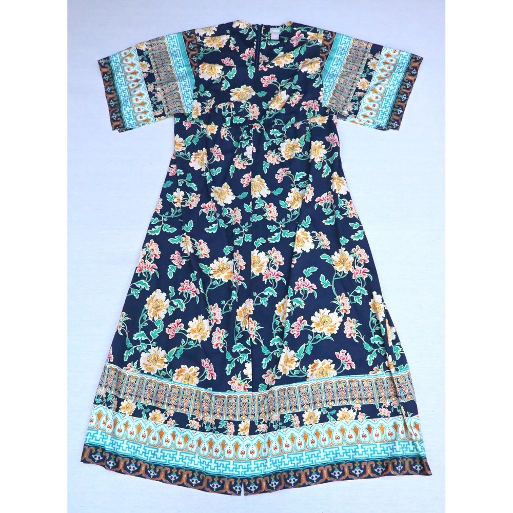 Chicos Womens 14P Navy Peony Border Print Long Dress V Neck Tie Waist Flowing